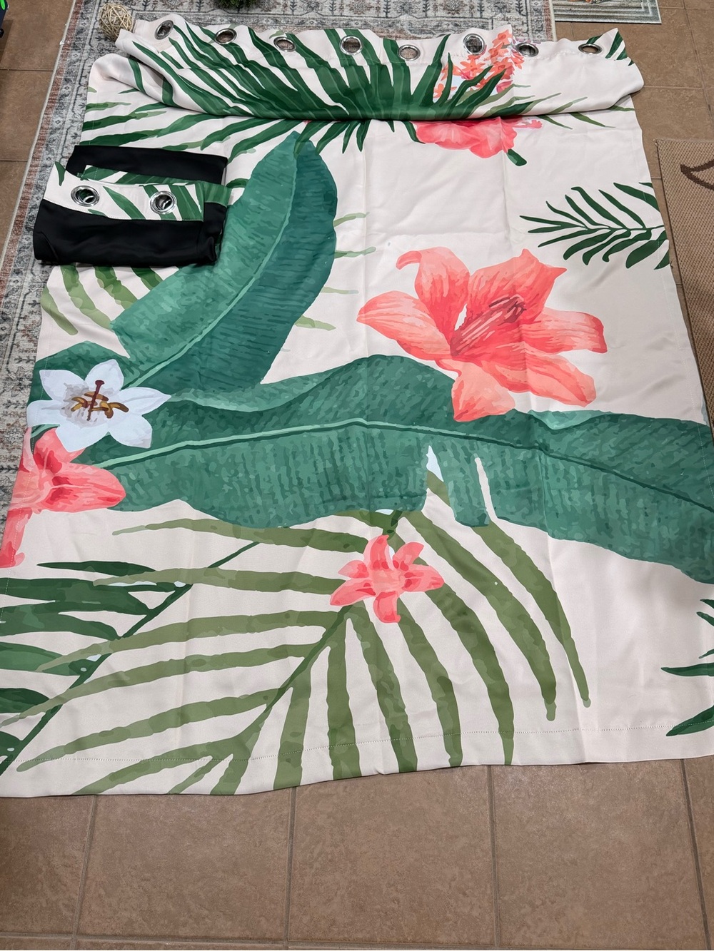 Tropical Floral Shower Curtain Panel in Green and Coral